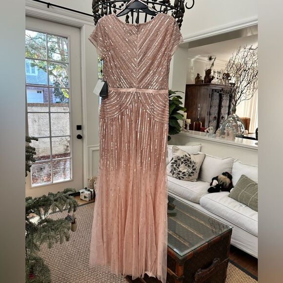 Adrianna Papell Women's Long Beaded V-Neck Dress With Cap Sleeves and Waistband - Picture 7 of 9